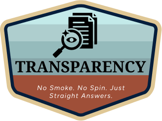 A badge features a stack of papers with a magnifying glass, and the text reads: "TRANSPARENCY" and "No Smoke. No Spin. Just Straight Answers." The background is horizontally striped.