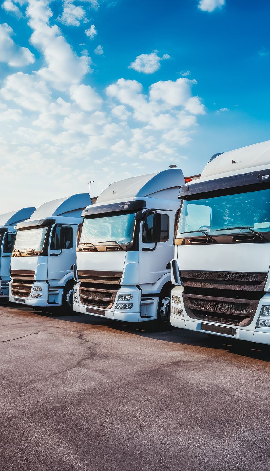 Line of parked white semi-trucks under a clear blue sky in a lot.