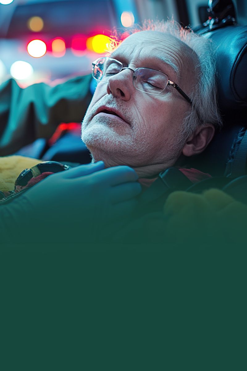 Elderly man resting in ambulance with lights in background, highlighting emergency healthcare response.