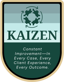 A badge features gears with arrows above the word "KAIZEN." Below, text reads: "Constant Improvement—In Every Case, Every Client Experience, Every Outcome." The background is green with a beige border.