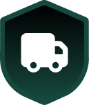 Icon of a white delivery truck on a dark green shield background, representing secure transportation or logistics services.