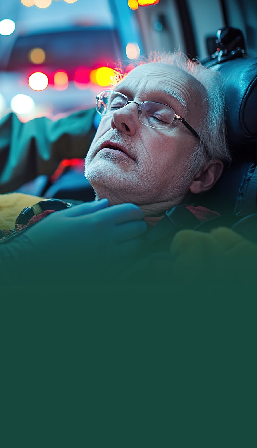 Elderly man resting in ambulance with lights in background, highlighting emergency healthcare response.