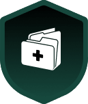 Medical folder icon on a dark shield background, symbolizing secure healthcare data or medical records management.