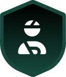 Shield icon with a person symbol wearing safety gear, representing protection and safety measures in a workplace environment.