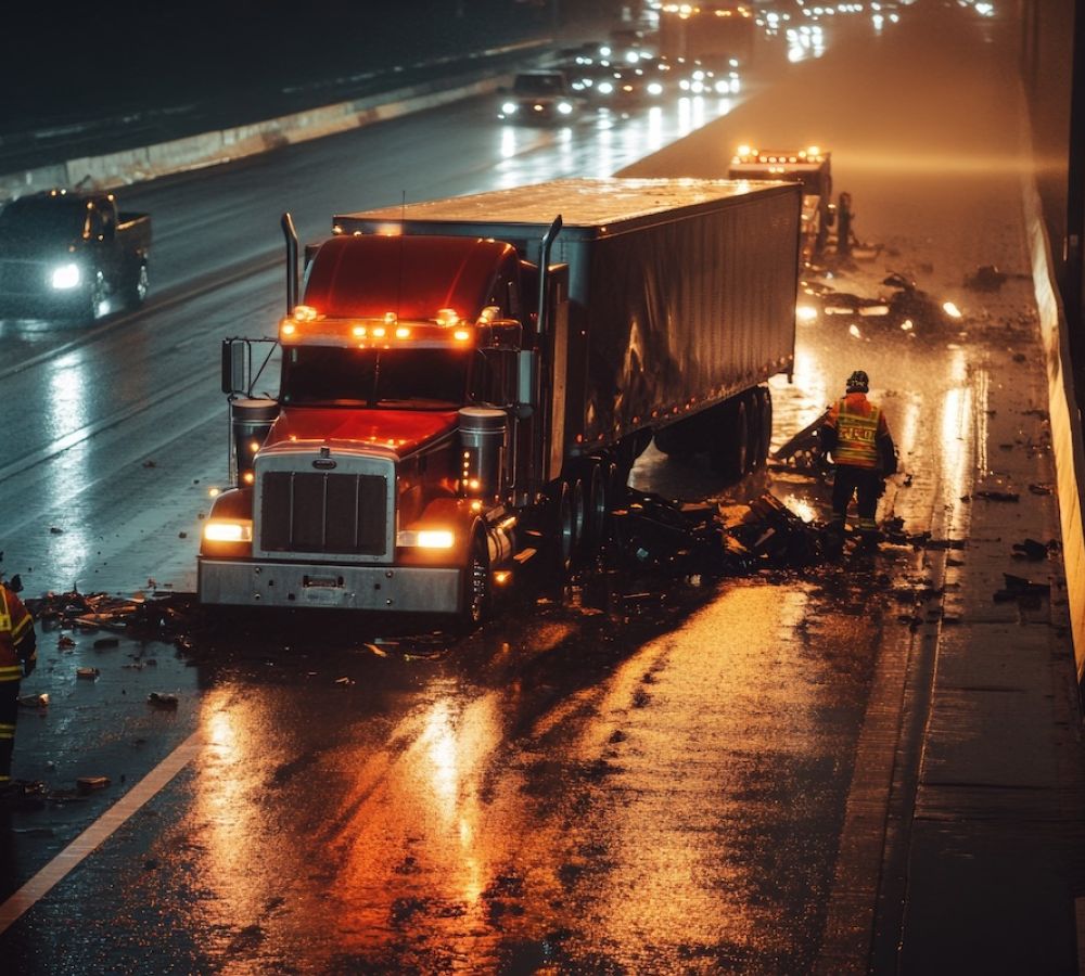 A large truck is parked on a wet highway at night amid debris, with emergency personnel inspecting the scene. Traffic and headlights are visible in the distance.