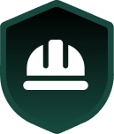 Icon of a white hard hat on a black shield, symbolizing safety and protection in construction or industrial settings.