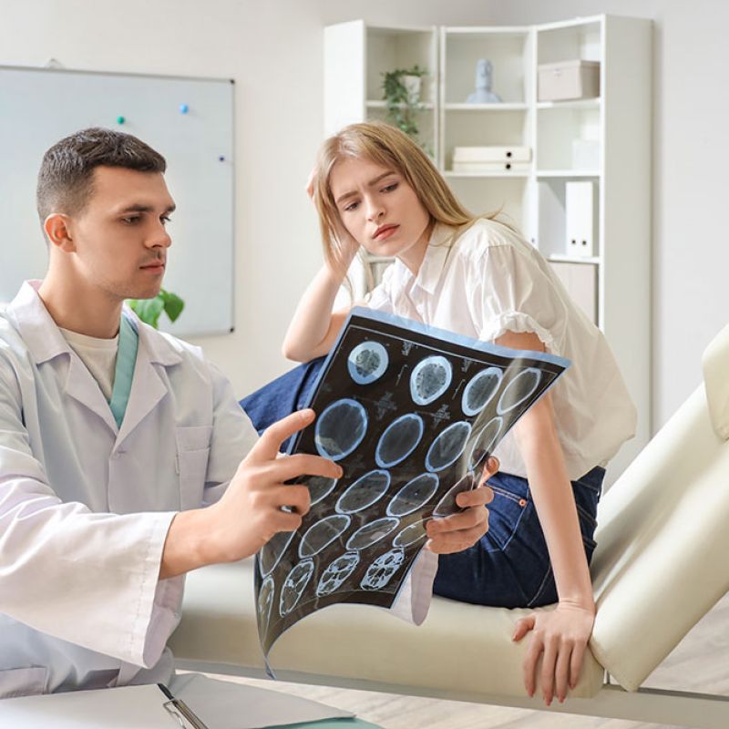 Doctor showing brain scan results to a concerned patient in a modern medical office.