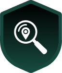 Shield icon with a magnifying glass and location pin, symbolizing local search or location-based services.