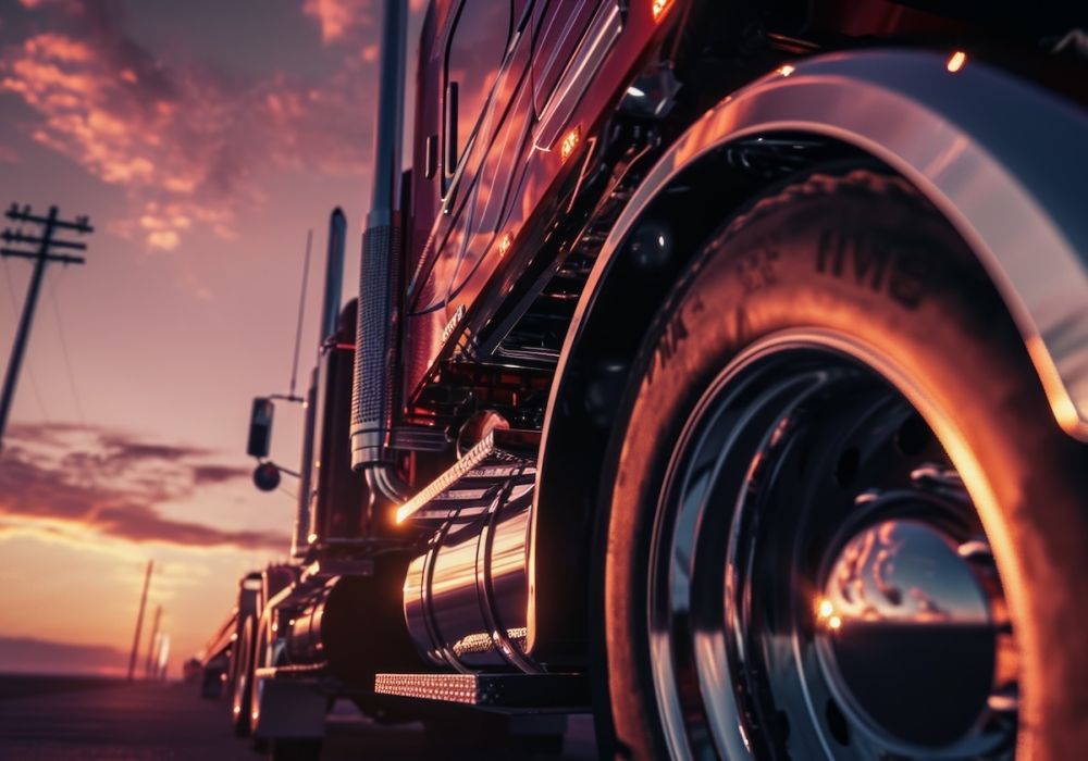 Close-up of a truck wheel in sunset lighting on an open road.