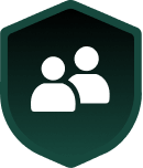 Shield icon with silhouettes of two people, symbolizing protection or community support on a dark green background.