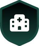 Icon of a hospital on a shield, symbolizing healthcare protection and safety.