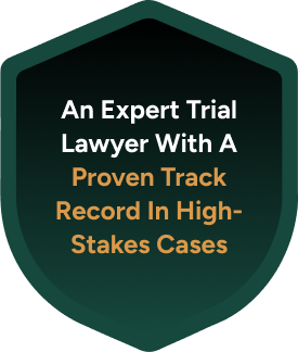 Shield-shaped badge with text An expert trial lawyer with a proven track record in high-stakes cases