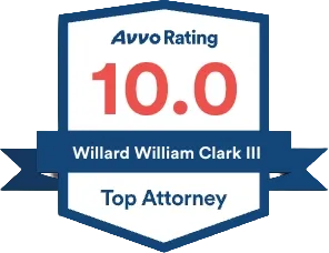 Avvo Rating Badge showing 10.0 score for Willard William Clark III, indicating top attorney status.