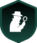 Silhouette of a detective with magnifying glass on a shield emblem, symbolizing investigation and mystery.