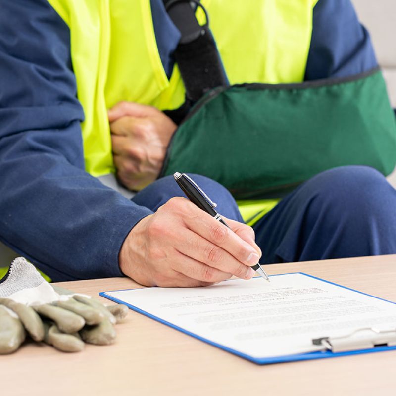 Injured worker with arm sling signing documents on clipboard, work gloves nearby.