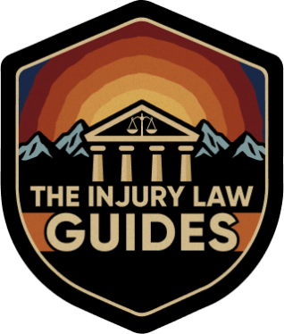Shield logo for The Injury Law Guides, featuring mountains, a courthouse, and scales of justice.