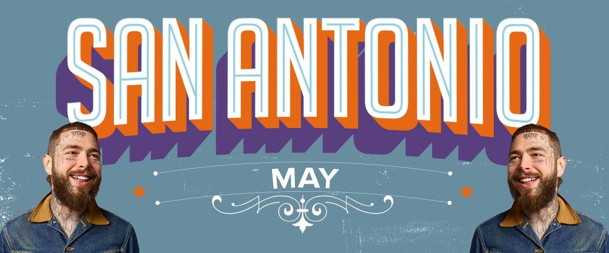Bearded man smiles on both sides of a stylized "SAN ANTONIO" text, layered with "MAY" and decorative lines, on a blue background.