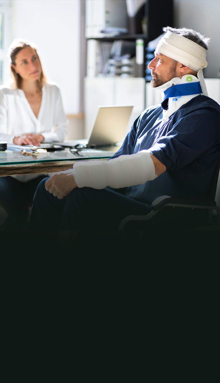 Man with injuries in neck brace and bandages in doctor consultation.