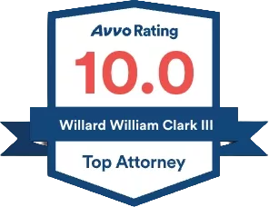 Avvo Rating Badge showing 10.0 score for Willard William Clark III, indicating top attorney status.