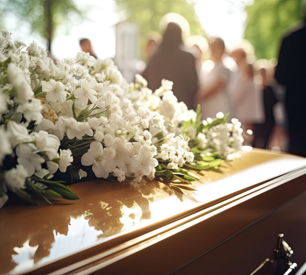 White flowers on a wooden casket at a funeral, with blurred mourners in the background on a sunny day.