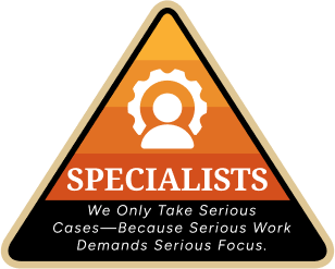 Triangle-shaped logo featuring a gear with a person icon inside above the text "SPECIALISTS." Below, smaller text reads: "We Only Take Serious Cases—Because Serious Work Demands Serious Focus."