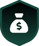 Money bag icon on a dark green shield background symbolizing financial security and protection.