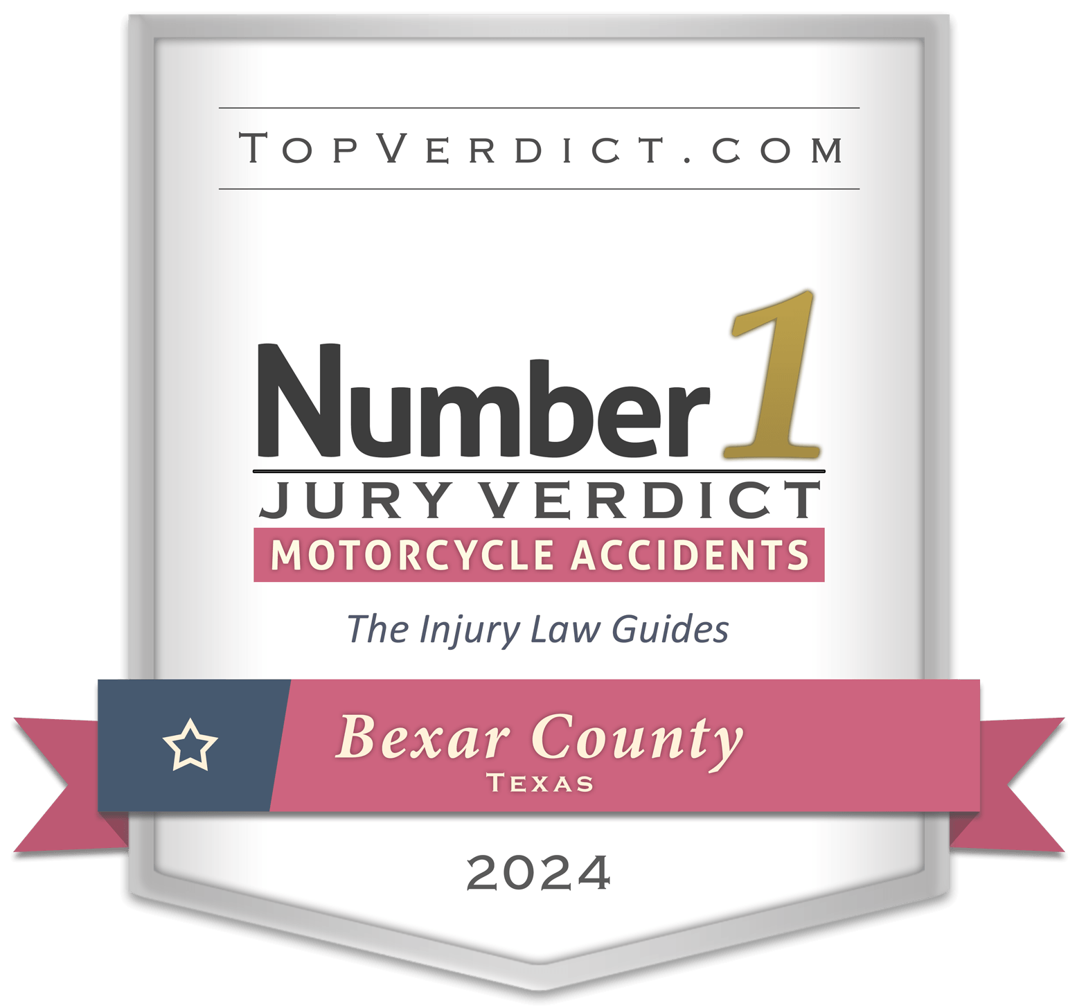 Award badge for top motorcycle accident jury verdict 2024, Bexar County, Texas - The Injury Law Guides.
