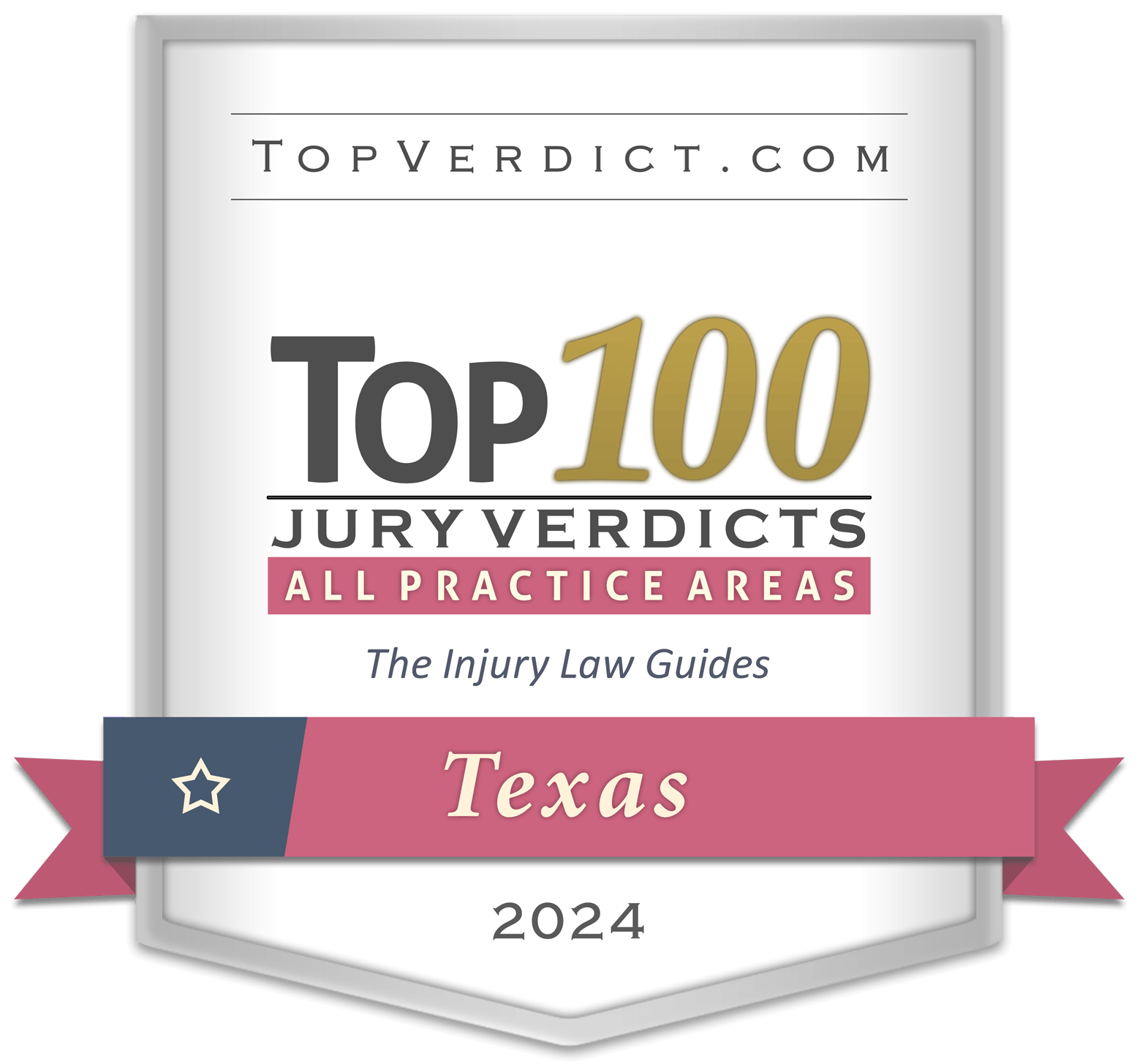 Top 100 Jury Verdicts Texas 2024 award badge for all practice areas by The Injury Law Guides.