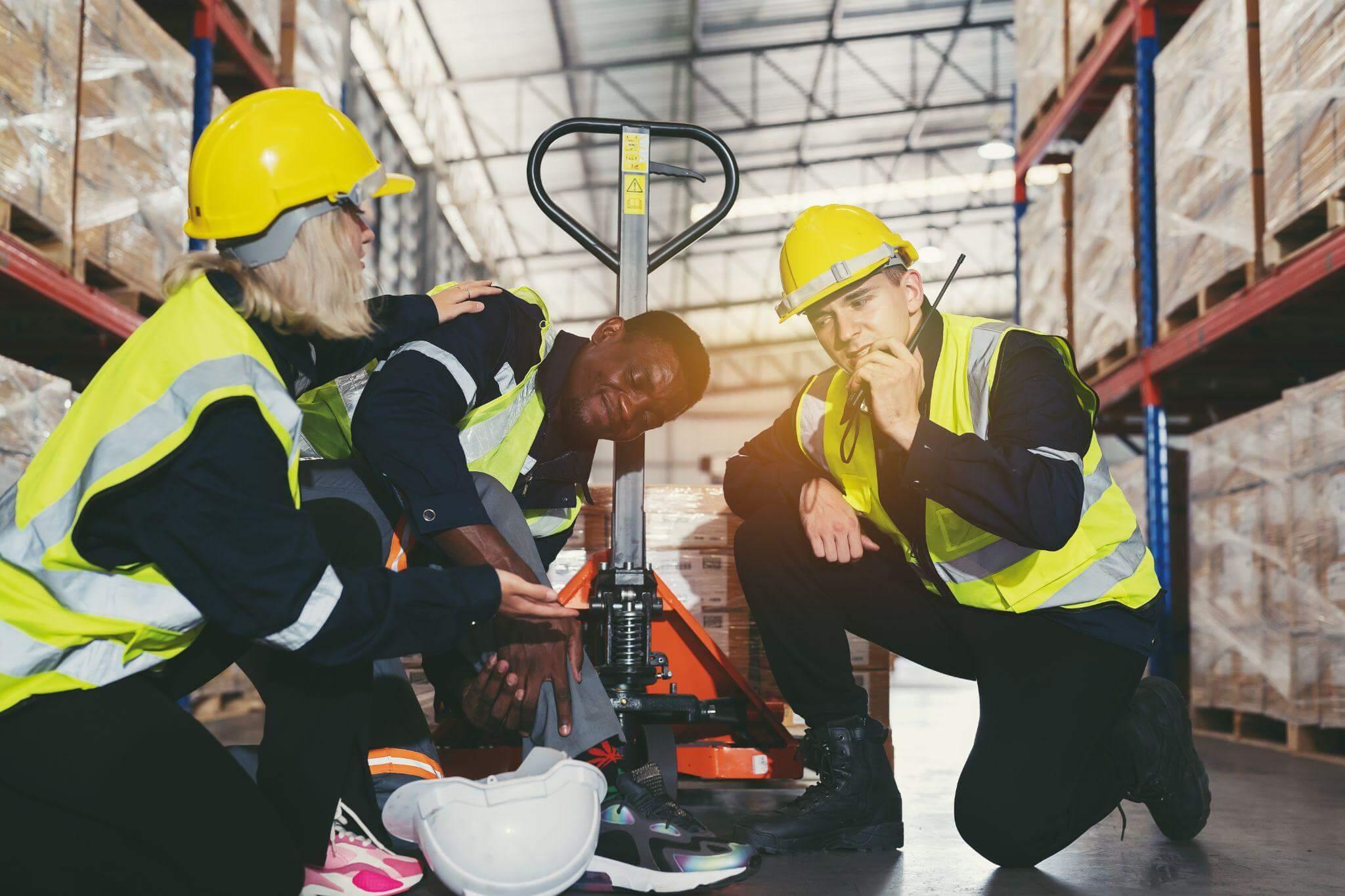 a group of people standing around a fork lift