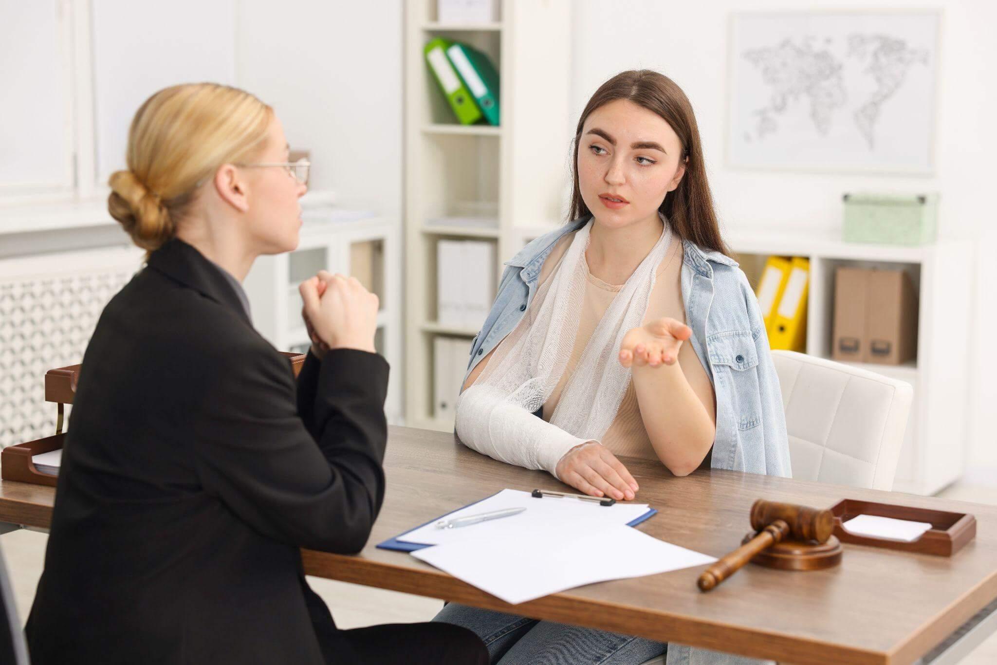 a woman sitting at a table talking to another woman