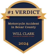 Badge displaying #1 Verdict, Motorcycle Accident in Bexar County, Will Clark, Attorney, 2024.